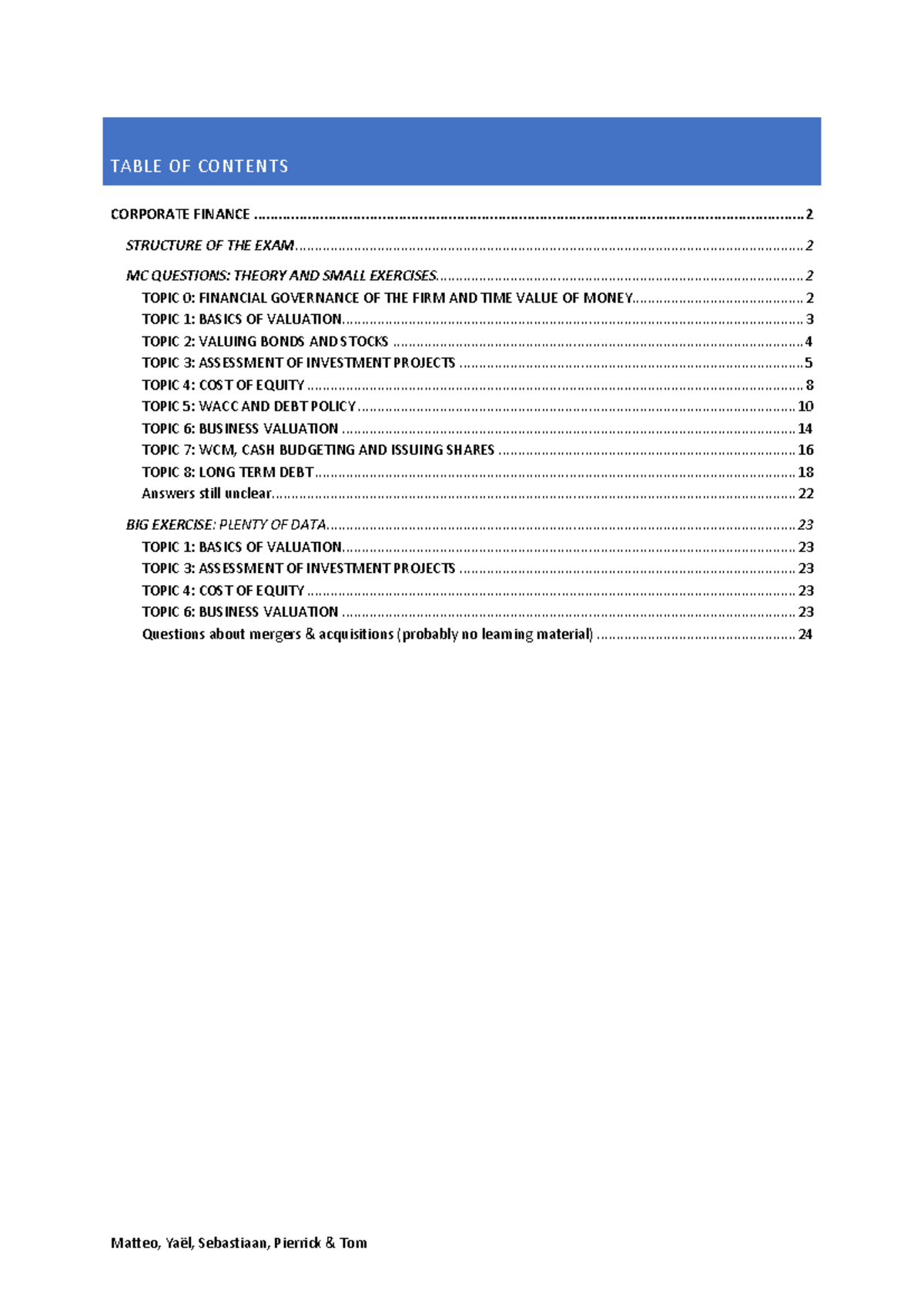 CF Exam Questions - vragen van vorige jaren - TABLE OF CONTENTS ...