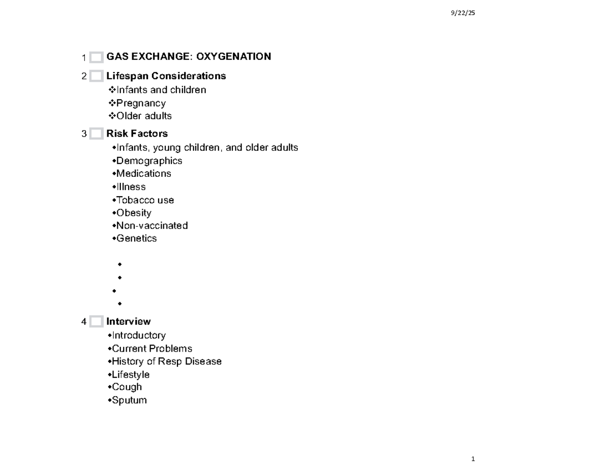 Gas Exchange Outline: Key Concepts and Lifespan Considerations - Studocu