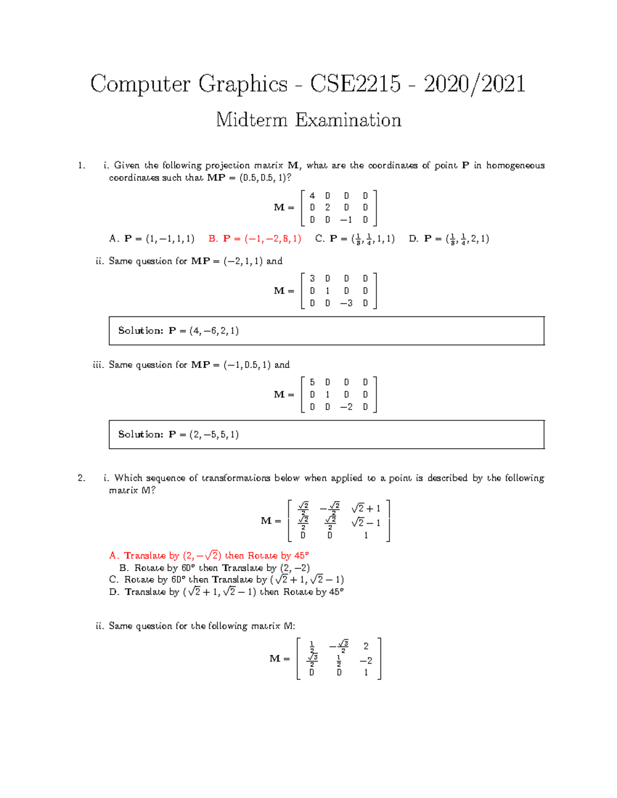 Computer Graphics CSE2215 Midterm Exam Solutions 2020/2021 - Studeersnel