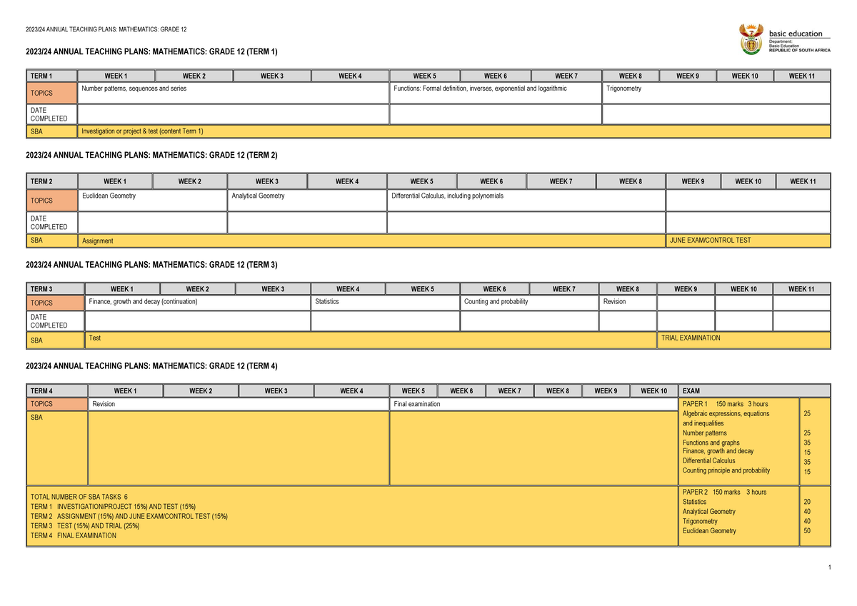 Maths Grade 12 teaching plan - 2023/24 ANNUAL TEACHING PLANS ...