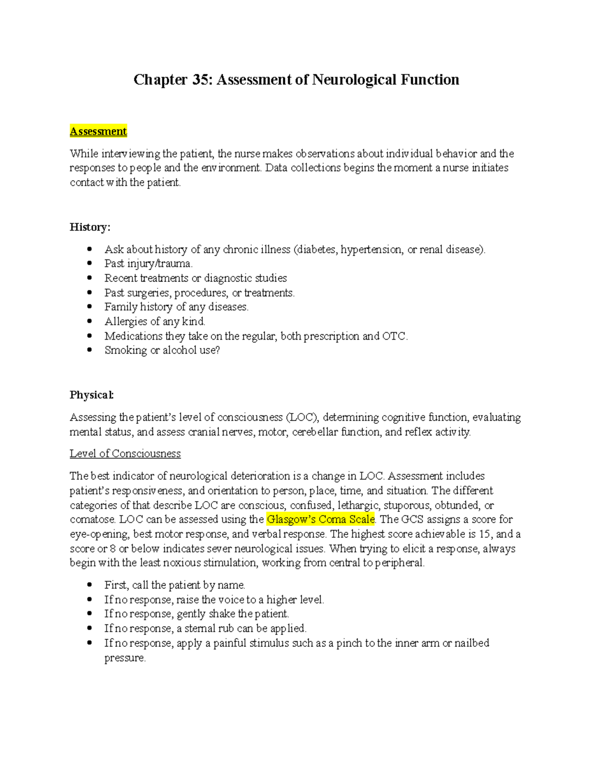 Chap 35 - Neurological Function Assessment Overview Notes - Studocu