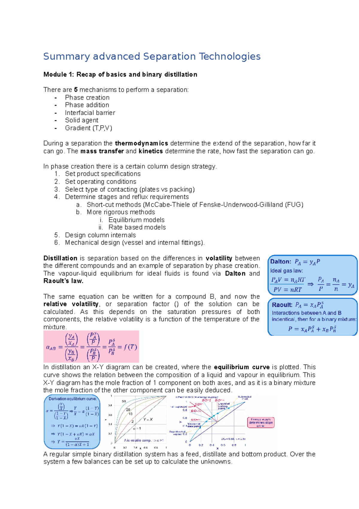Advanced Separation Technologies Summary - Lecture Notes (SEP101 ...