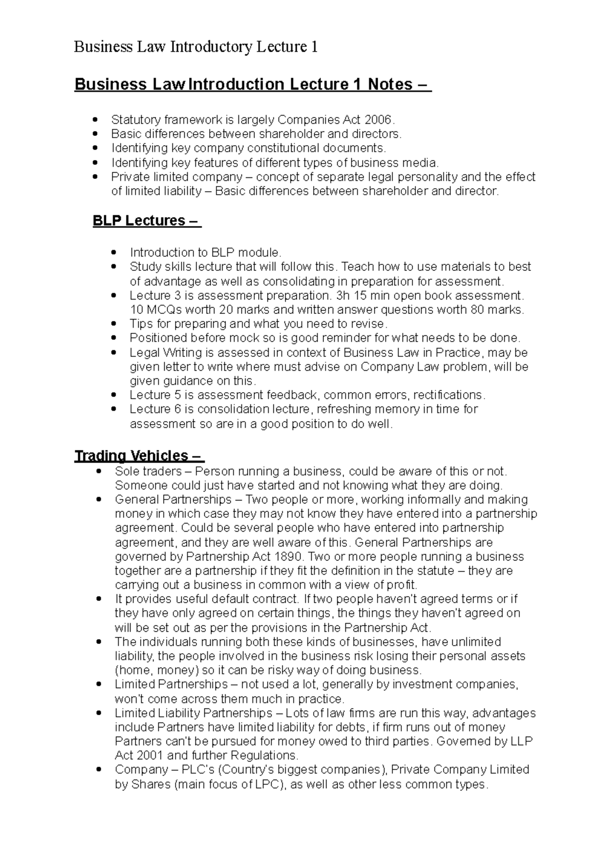 BLP101: Introductory Business Law Lecture 1 Notes on Companies Act 2006 ...