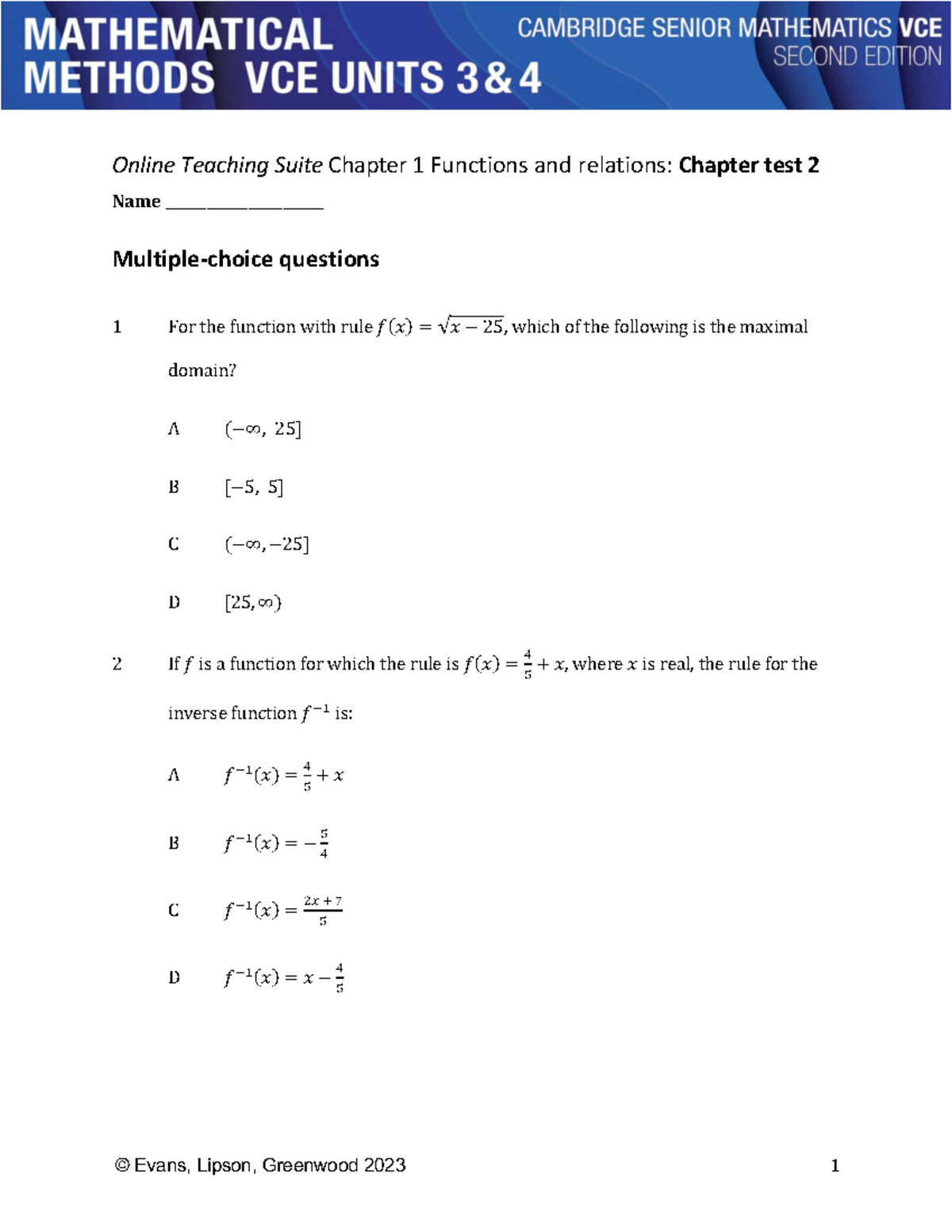 Functions and Relations Chapter 1 Test 2 Answers - Studocu