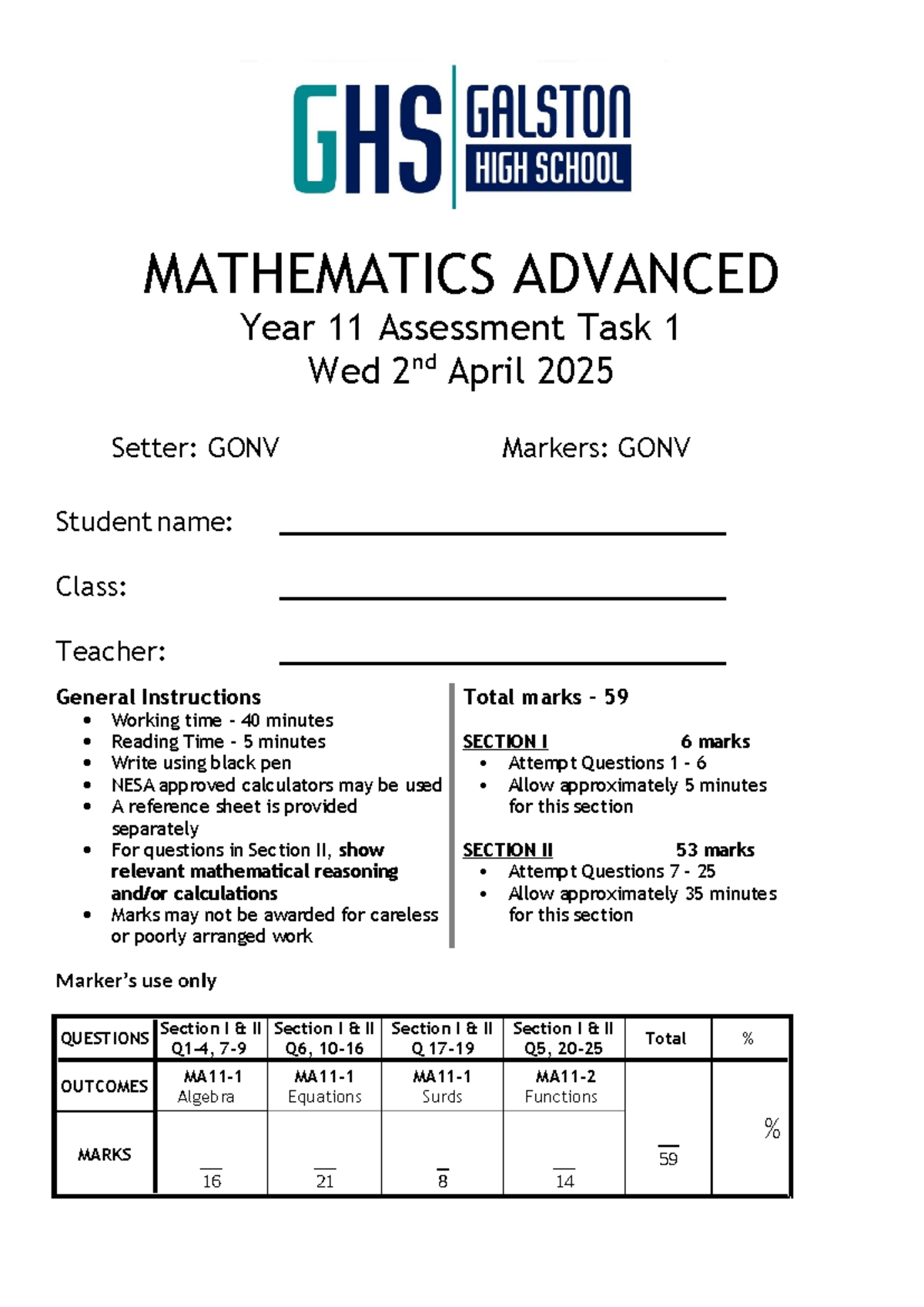 2025 Year 11 Advanced Mathematics Assessment Task 1 - Studocu