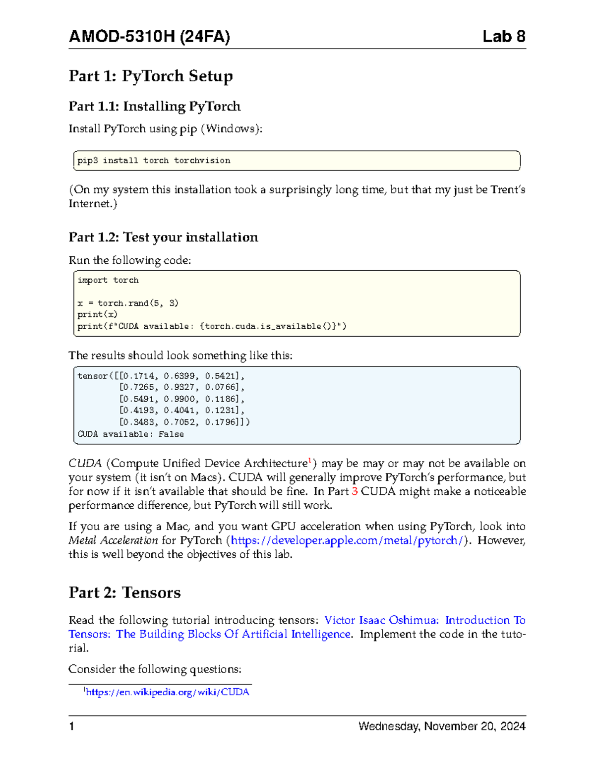 (24FA) AMOD-5310H Lab 8: PyTorch Installation & Tensors Overview - Studocu