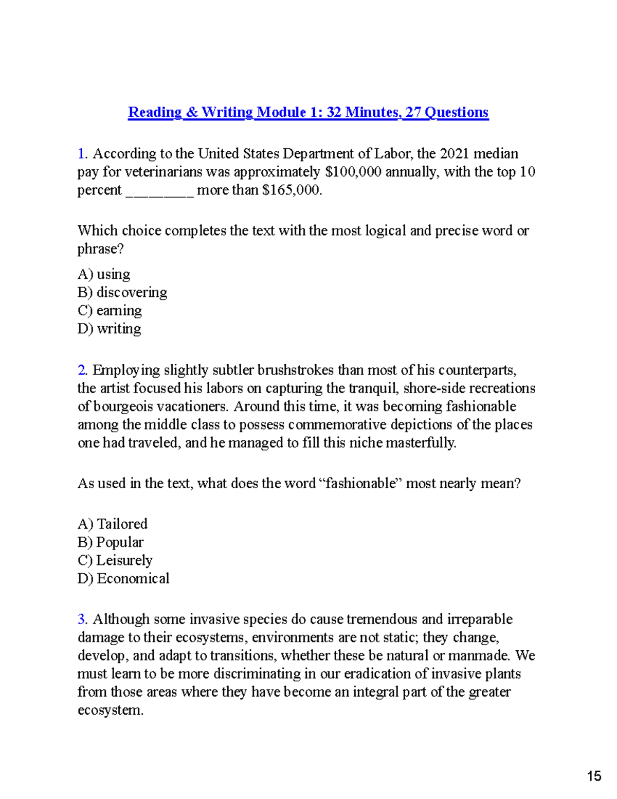Reading & Writing Module 1: 32 Min, 27 Questions - SAT Prep - Studocu