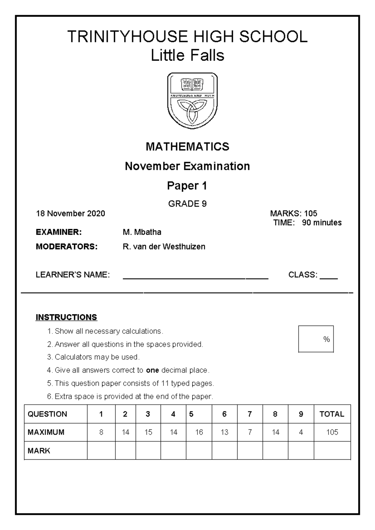 Grade 9 Mathematics November 2020 Final Exam Paper - Studocu
