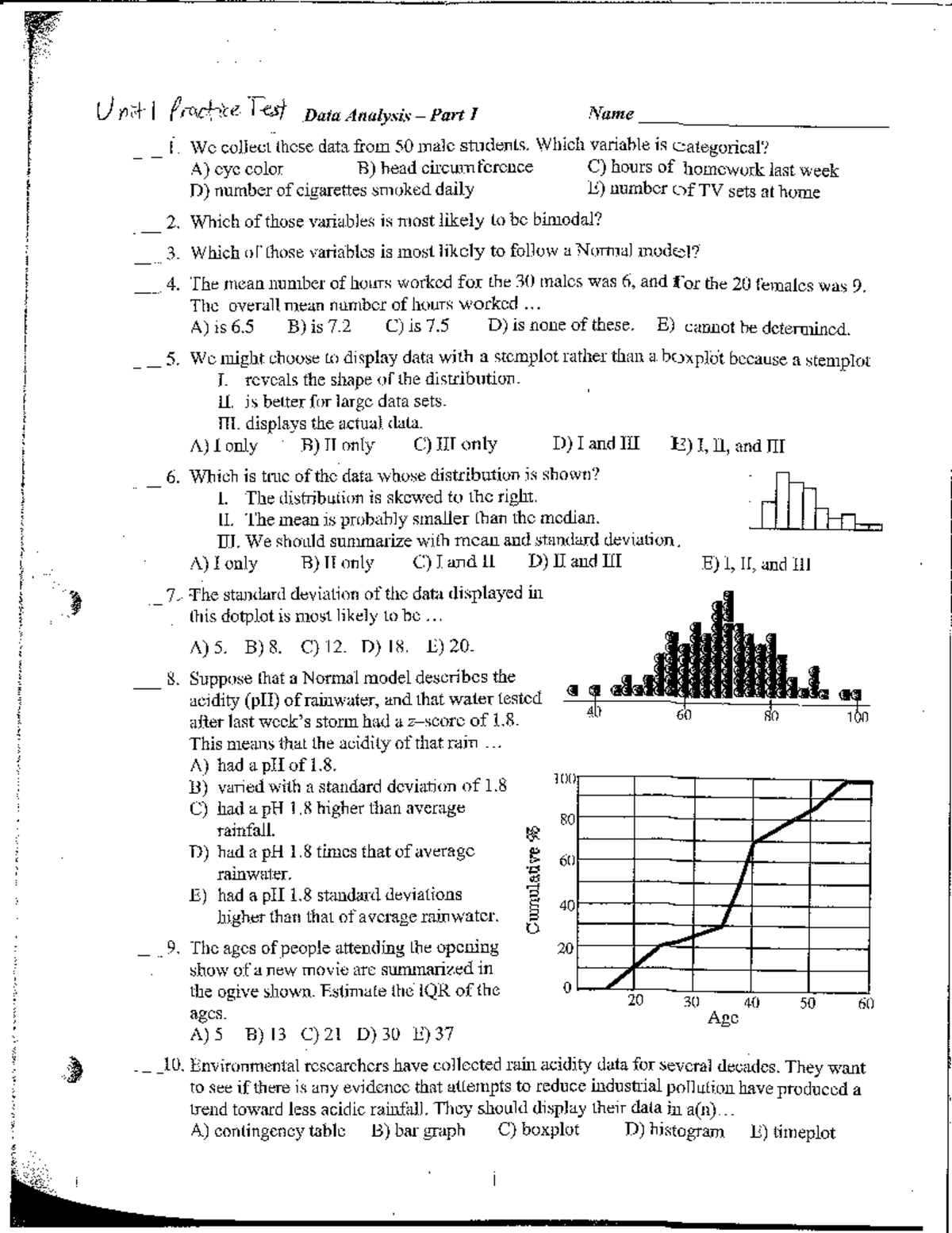 APStats Unit I Practice Test: Data Analysis & Variables - Studocu
