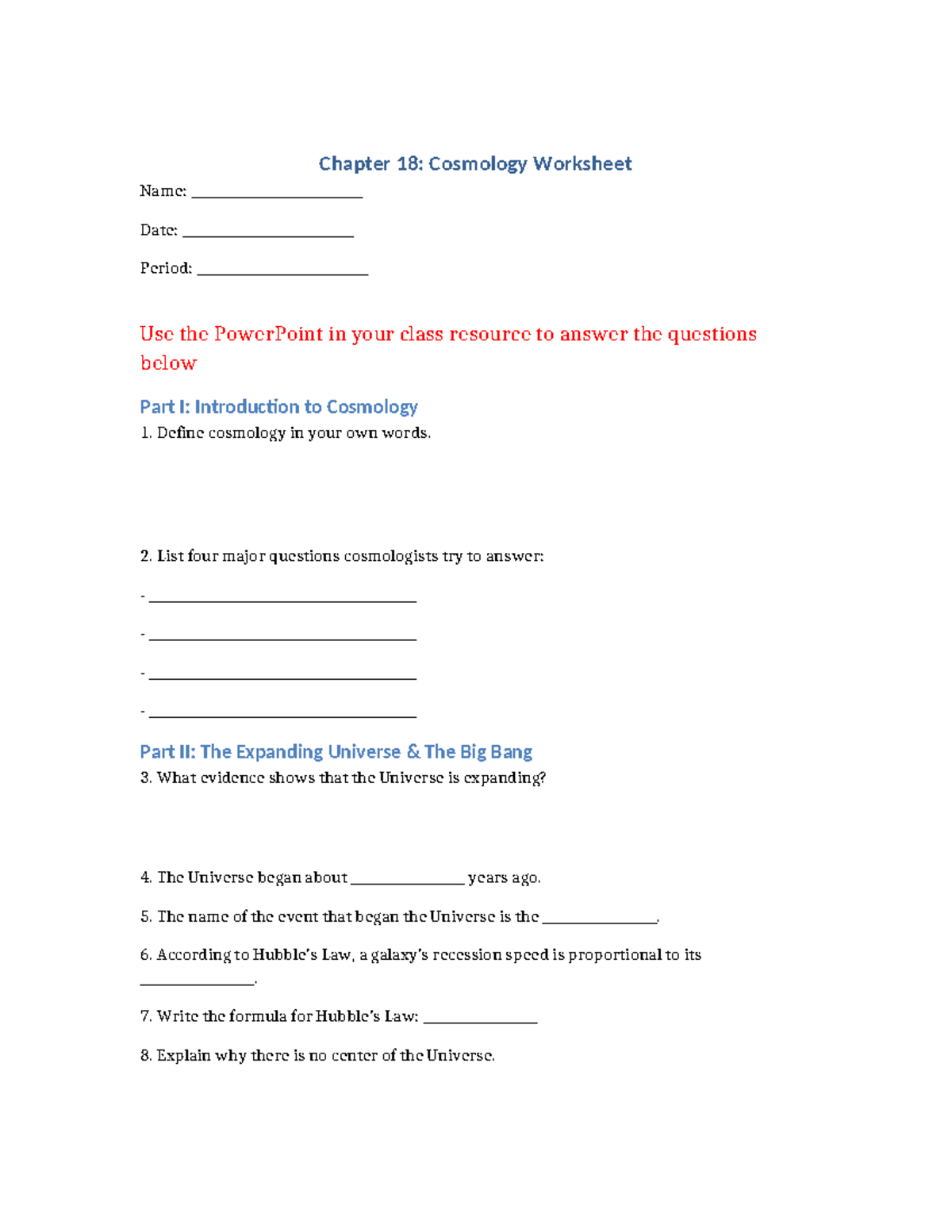 Chapter 18: Cosmology Worksheet - Key Concepts & Questions - Studocu