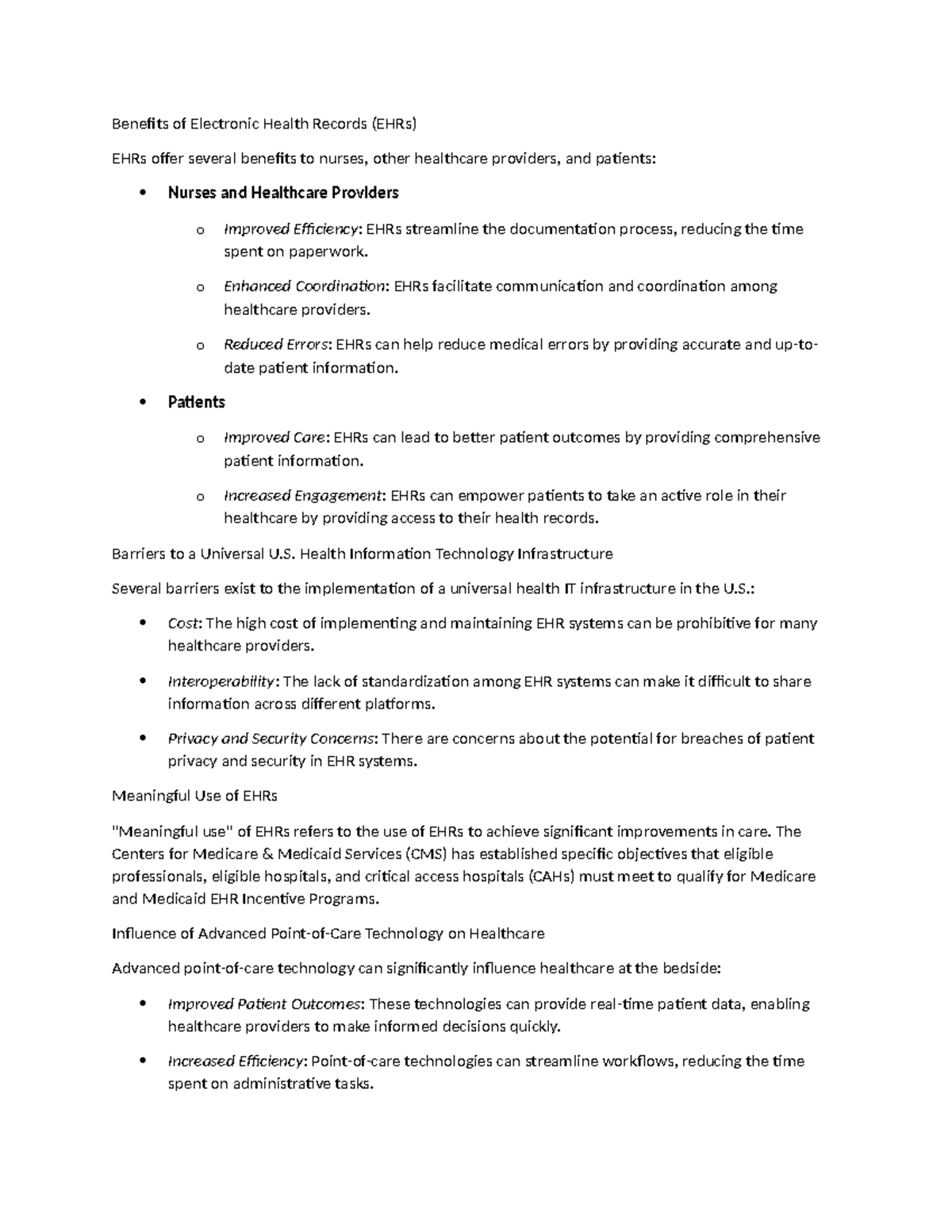 Benefits of Electronic Health Records - o Enhanced Coordination: EHRs ...