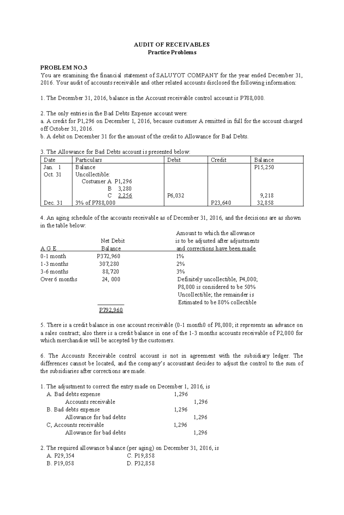 AUDProbs receivables SP2 - AUDIT OF RECEIVABLES Practice Problems ...
