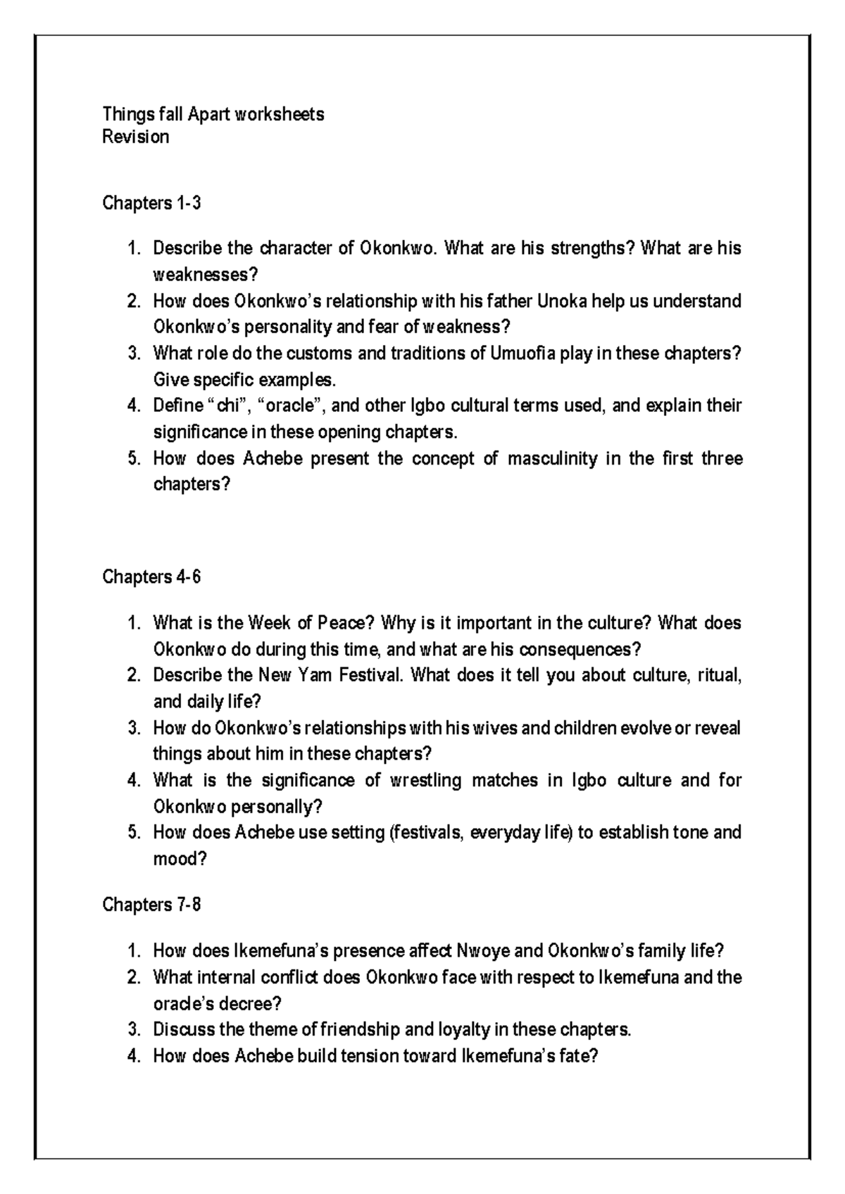 Things Fall Apart Worksheets: Revision Guide for Chapters 1-24 - Studocu