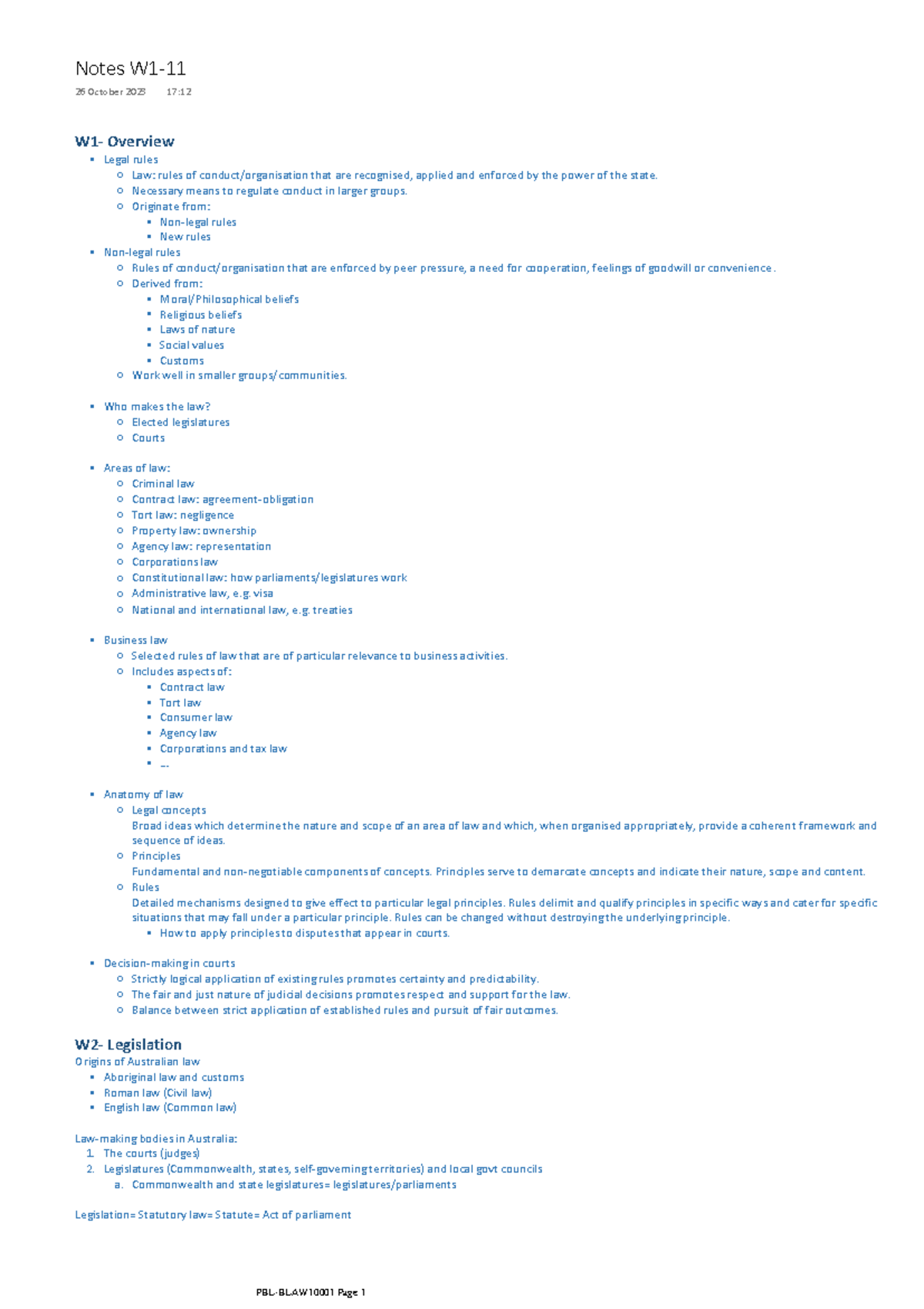 BLAW10001 - Comprehensive Notes on Legal Concepts and Contract Law ...