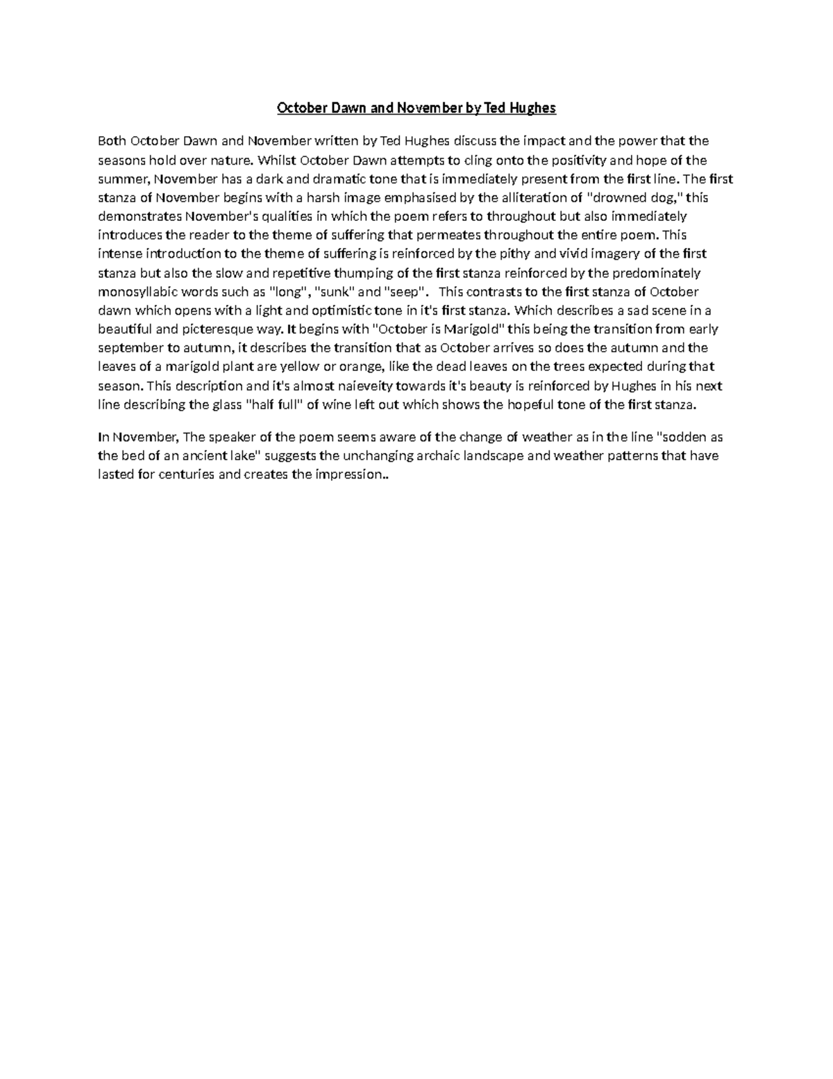 Comparison Essay: October Dawn vs. November by Ted Hughes - Studocu