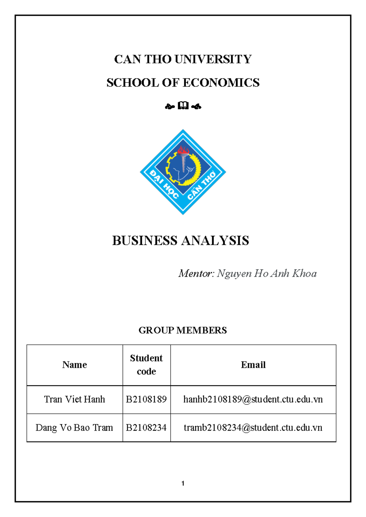 Business Analysis Group Assignment - CAN THO UNIVERSITY SCHOOL OF ...