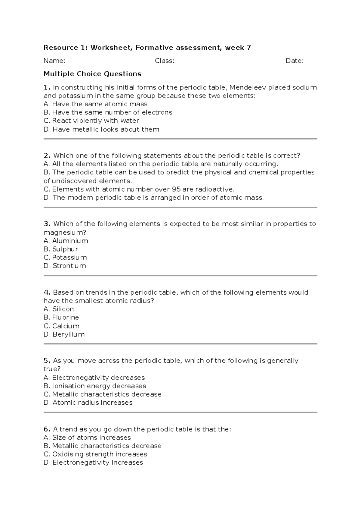 Chemistry Year 11: MCQ Worksheet, Formative Assessment Week 7 - Studocu