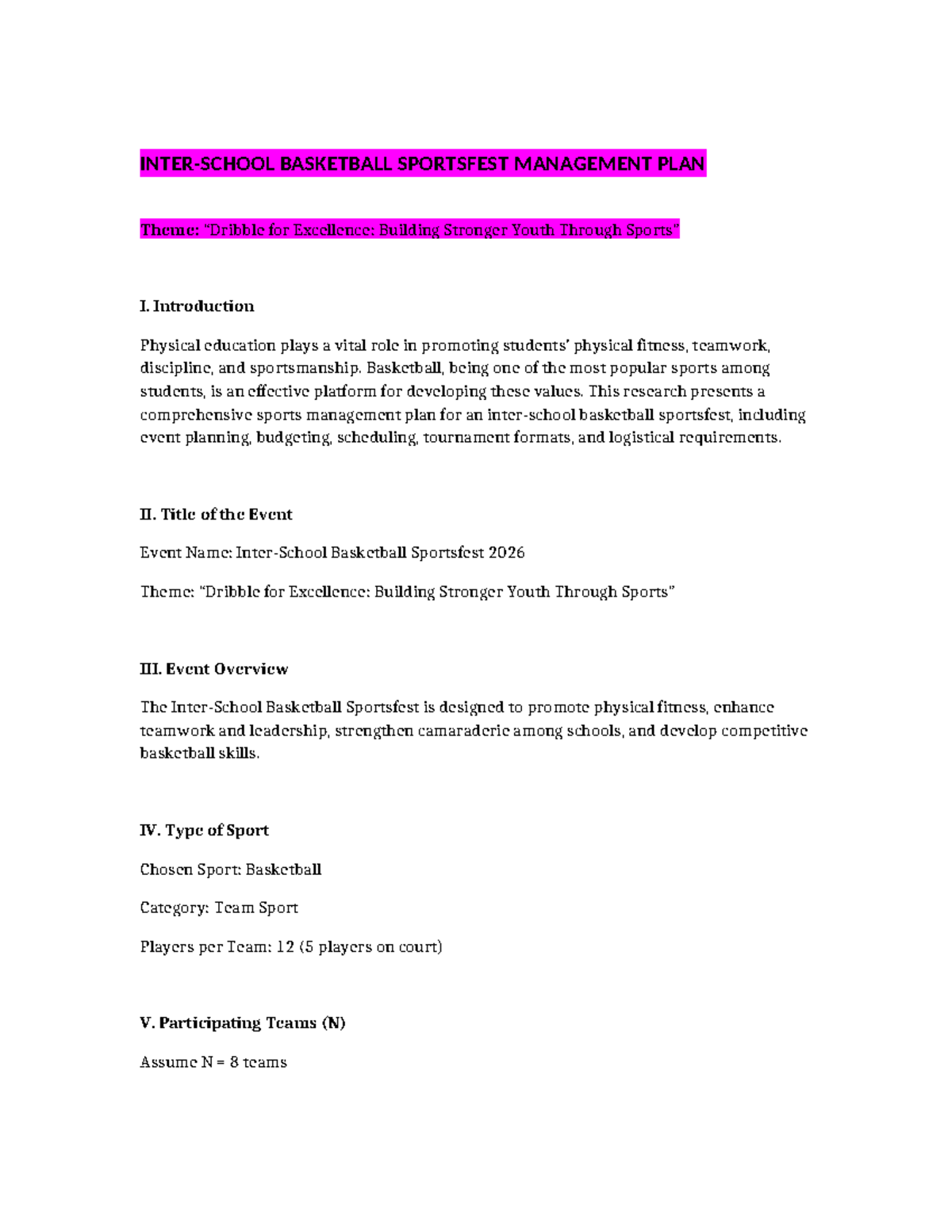 Inter-School Basketball Sportsfest Management Plan 2026 - Studocu