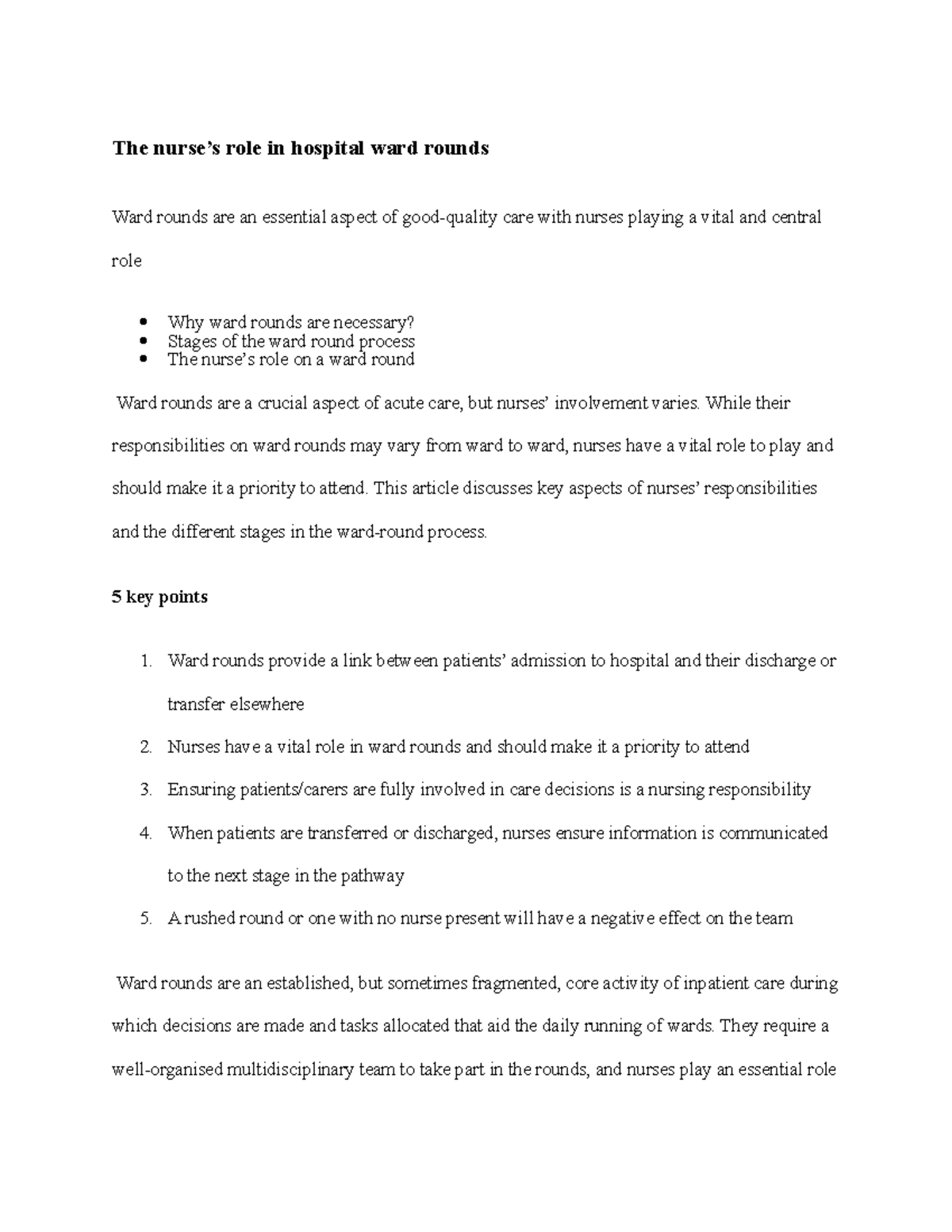 NUR 301: The Vital Role of Nurses in Hospital Ward Rounds - Studocu