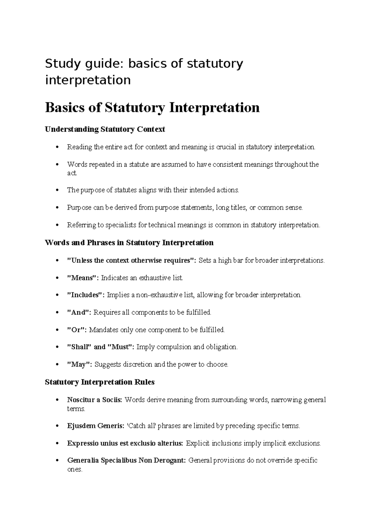 Statutory Interpretation Study Guide: Key Concepts & Cases - Studocu