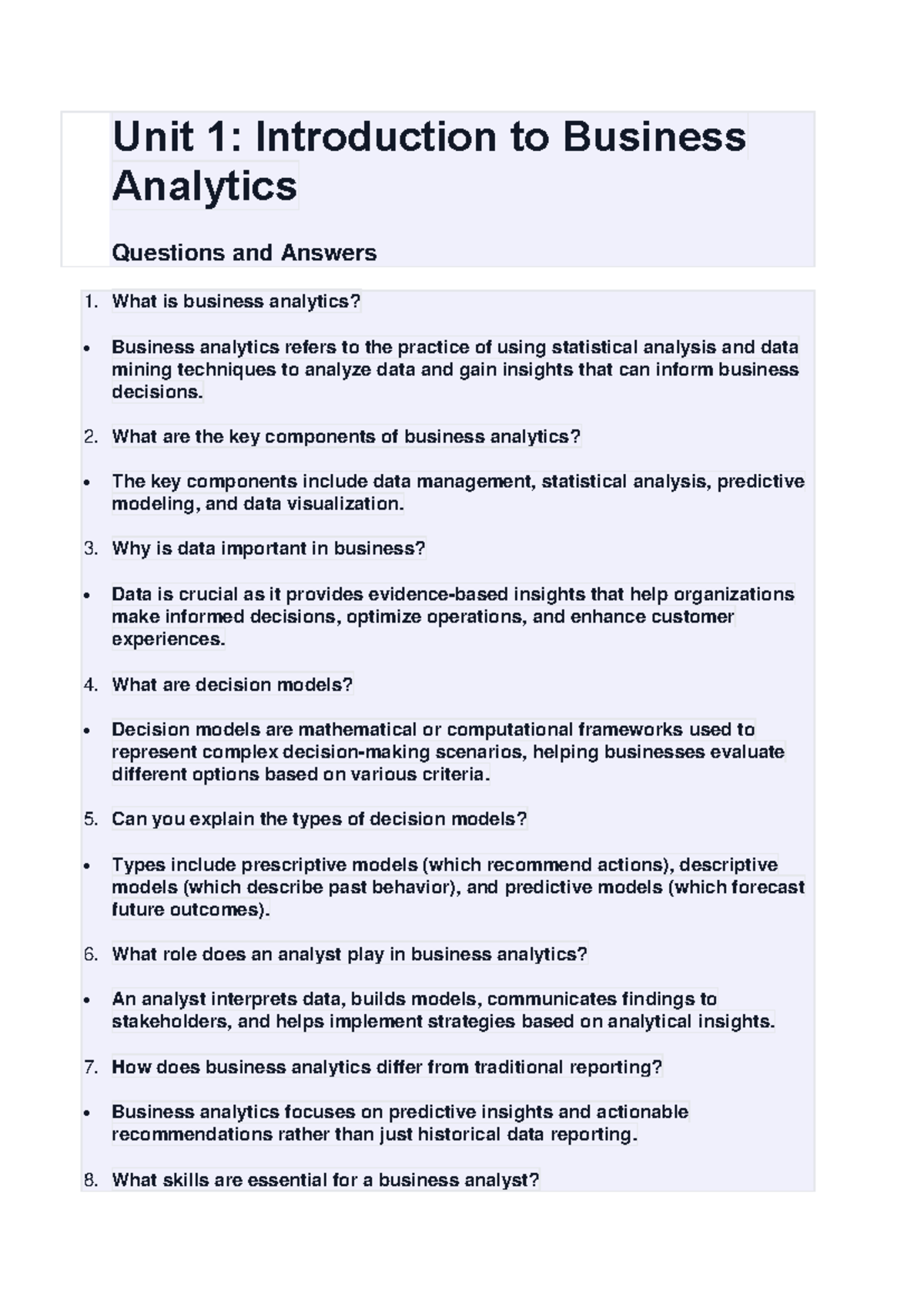 Unit 1: Intro to Business Analytics - Key Concepts & Q&A Guide - Studocu