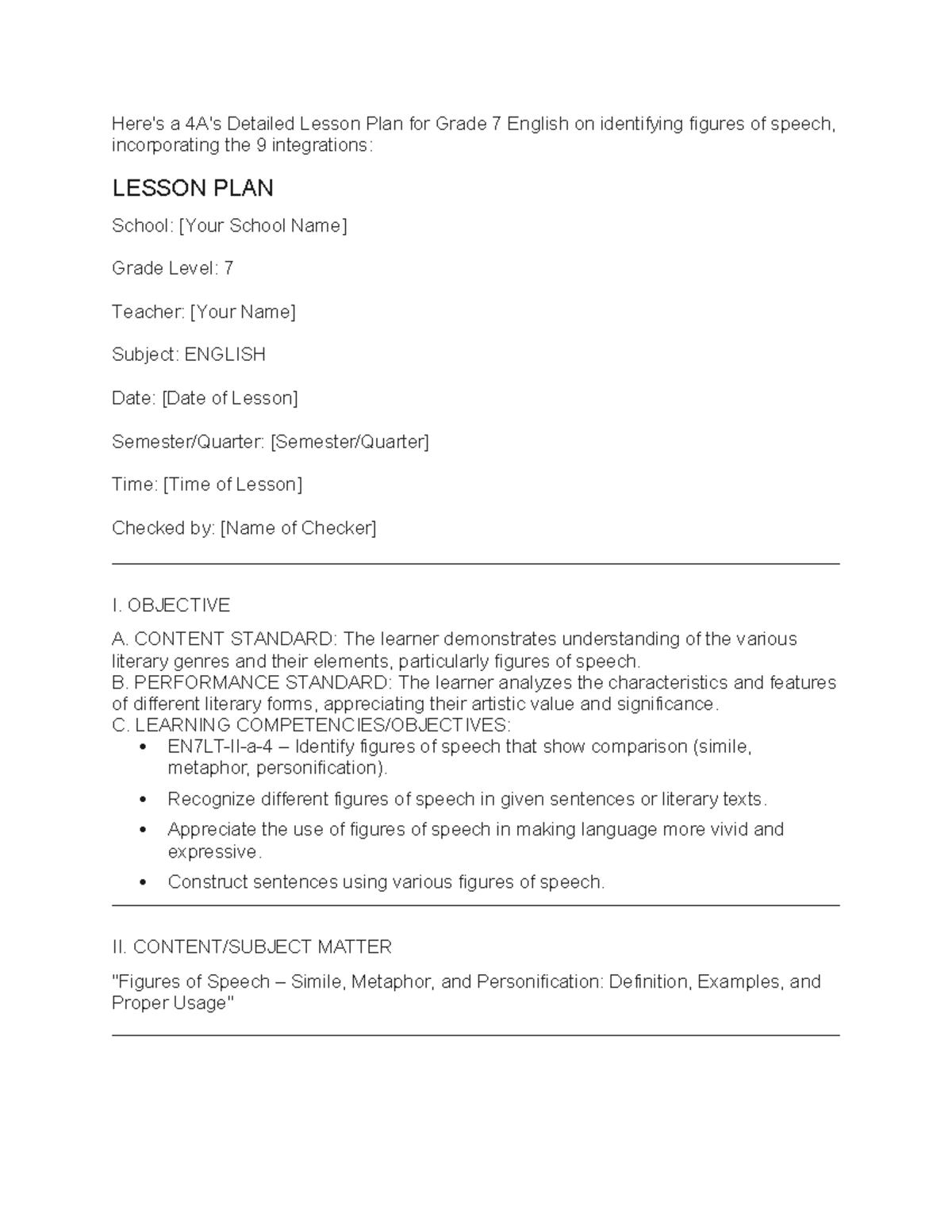 Detailed Lesson Plan for Grade 7 English: Figures of Speech - Studocu