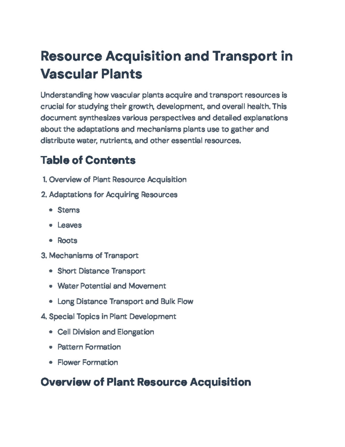 Resource Acquisition & Transport in Vascular Plants: A Comprehensive ...