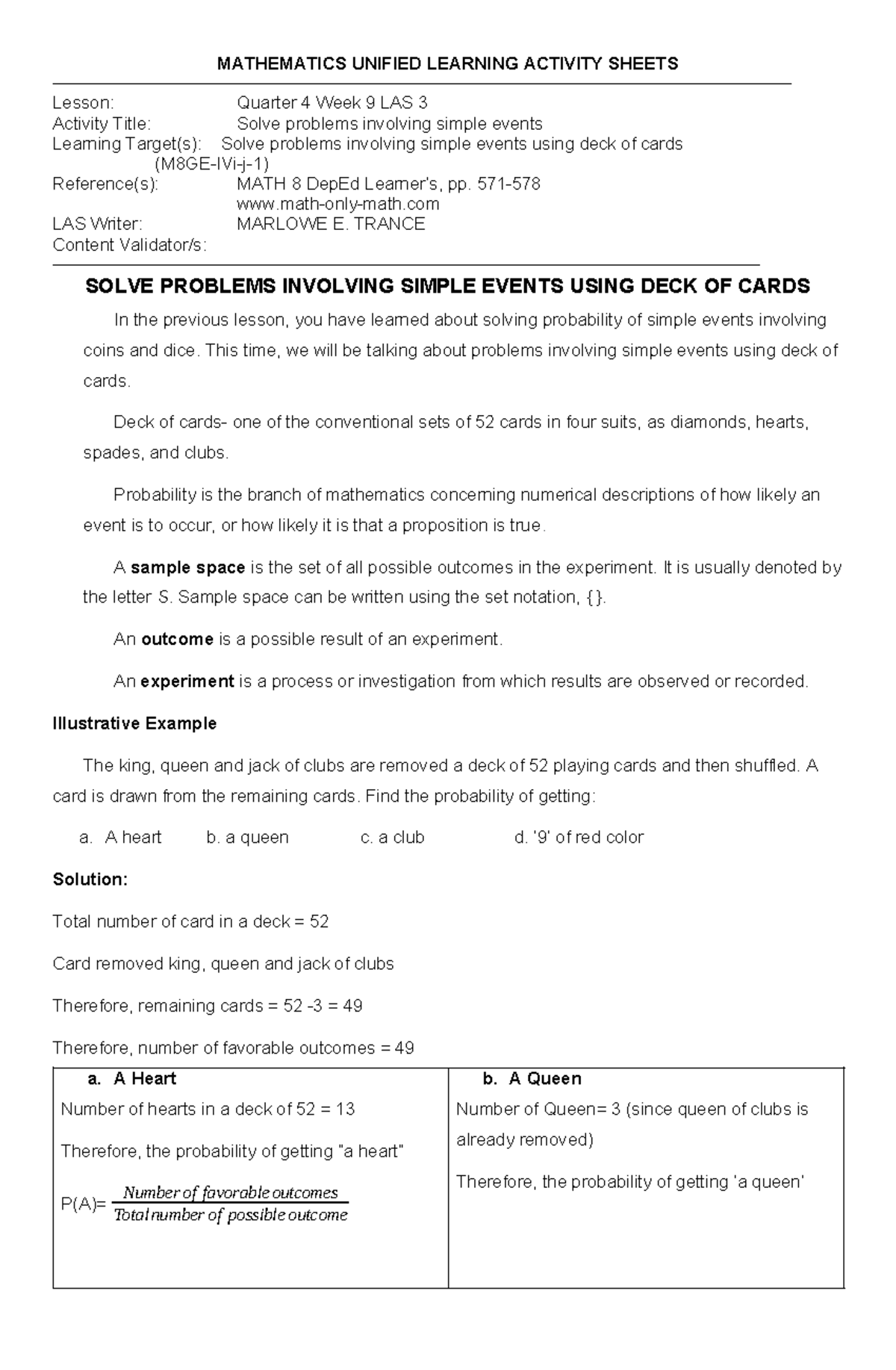 Grade 8 Math Q4 W9 L3: Probability with Deck of Cards Activities - Studocu