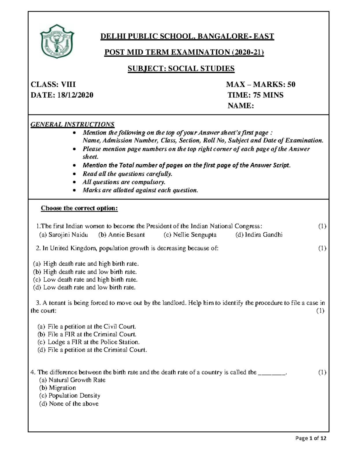 DPS East 40B97A970F7C023475 POST MID TERM EXAM Social Studies - Studocu