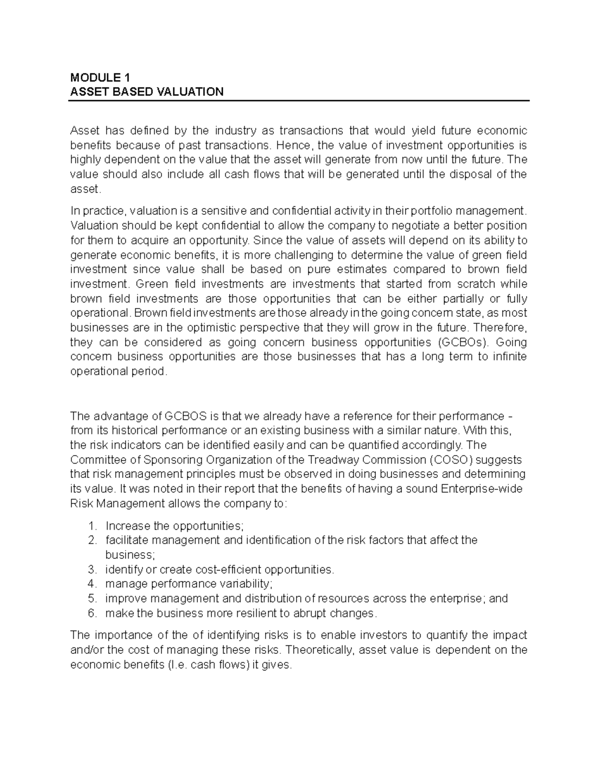 Module 1: Asset-Based Valuation Overview and Approaches - Studocu