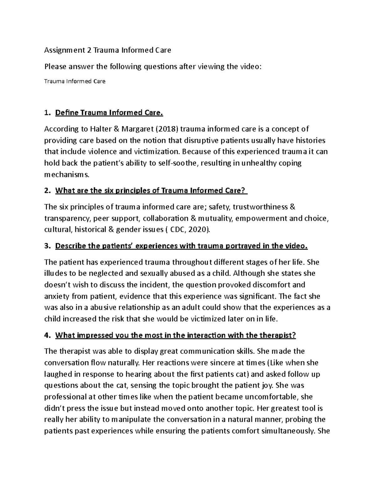 Assignment 2: Understanding Trauma Informed Care Principles and ...