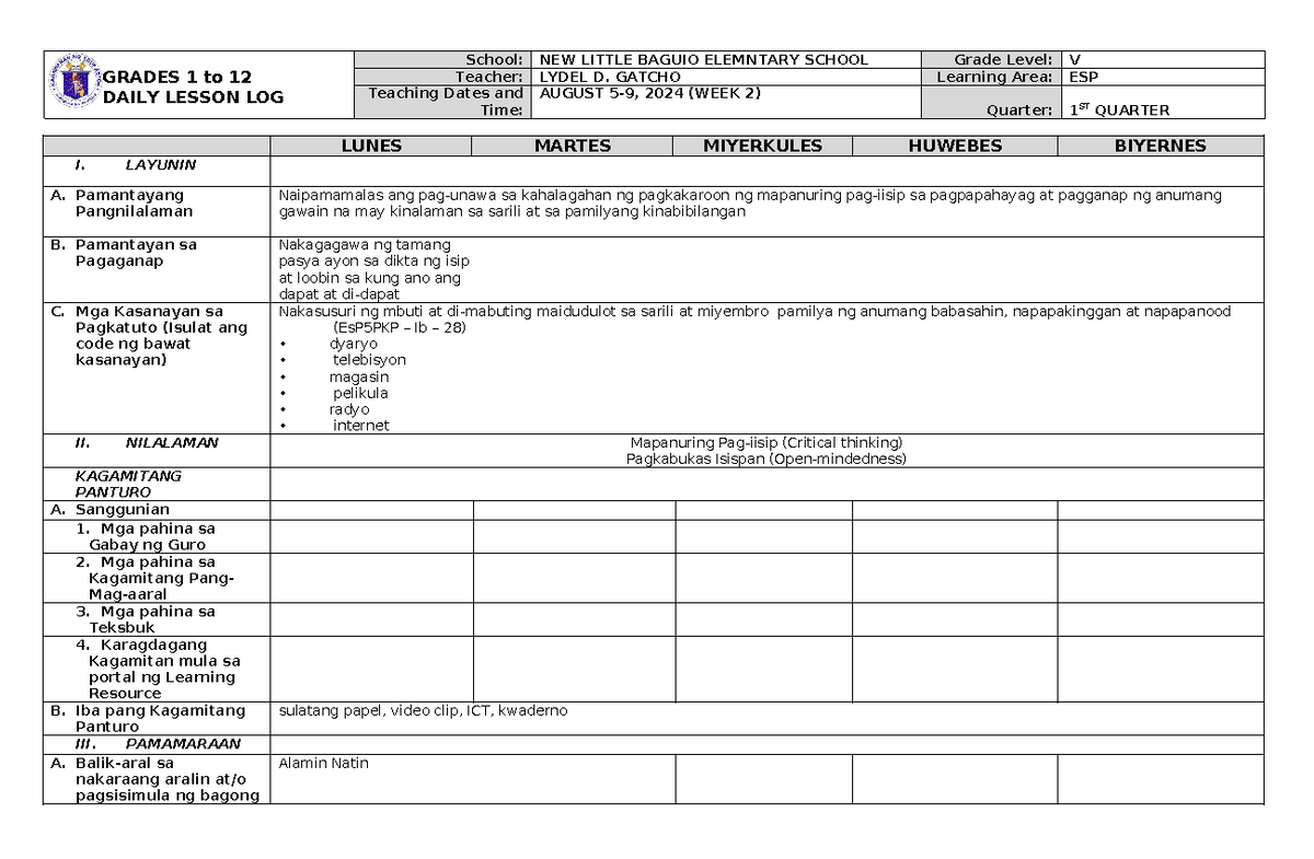 DLL ESP 5 Q1 W2 - Daily Lesson Log for Grade 5 ESP Class - Studocu