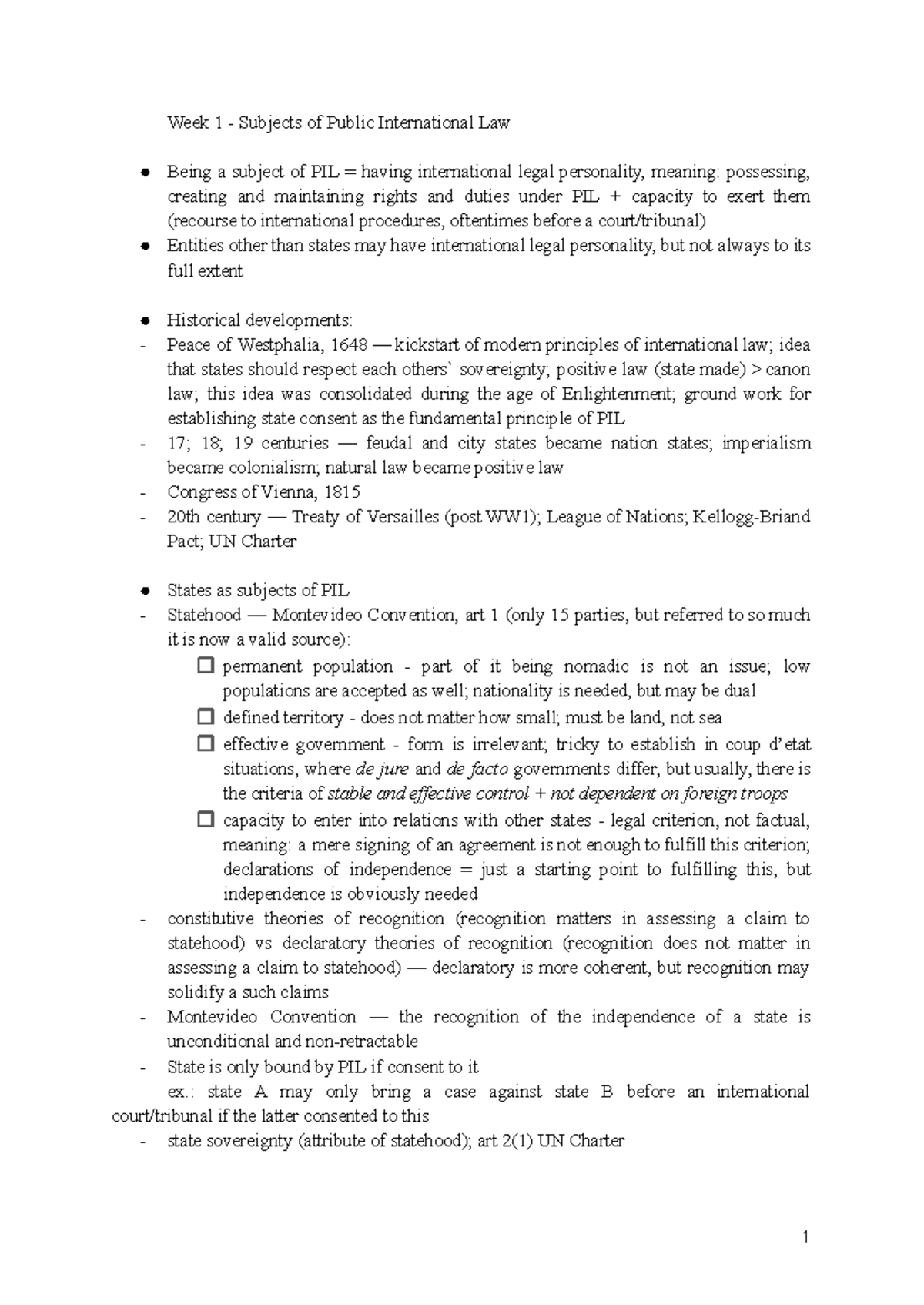 Public International Law (PIL) - Week 1 Exam Notes - Studeersnel