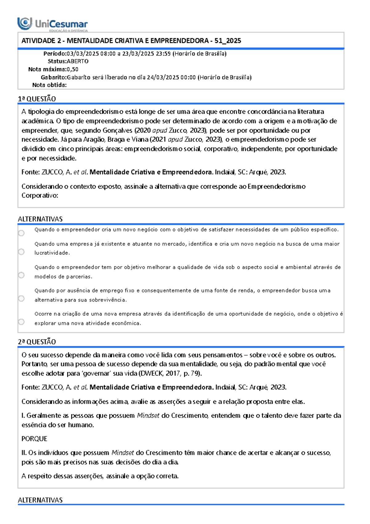 ATIVIDADE 2: MENTALIDADE CRIATIVA E EMPREENDEDORA - 51_2025 - Studocu