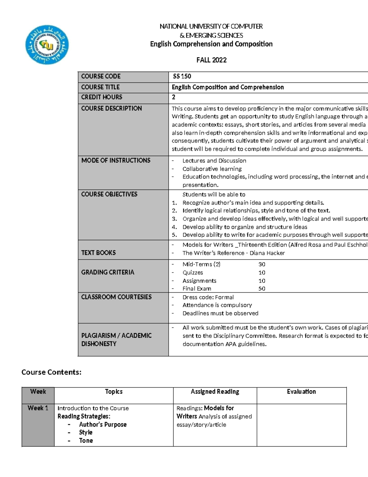 SS 150 English Comprehension & Composition Course Outline Fall 2022 ...