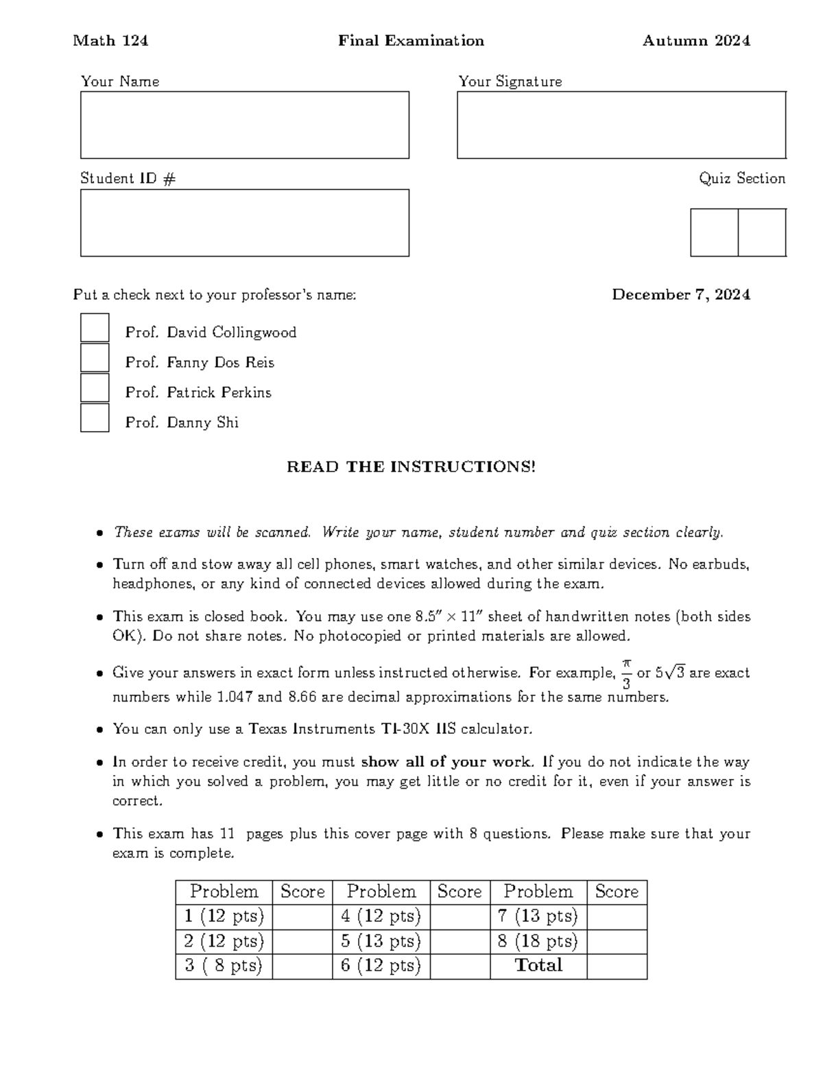 Math 124 Final Exam Guidelines and Instructions - Autumn 2024 - Studocu