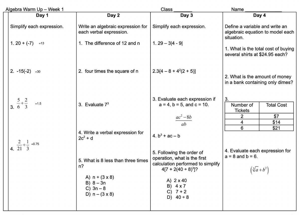 Algebra 1 - Wk 1 Warm-Up Exercises and Expressions - Studocu