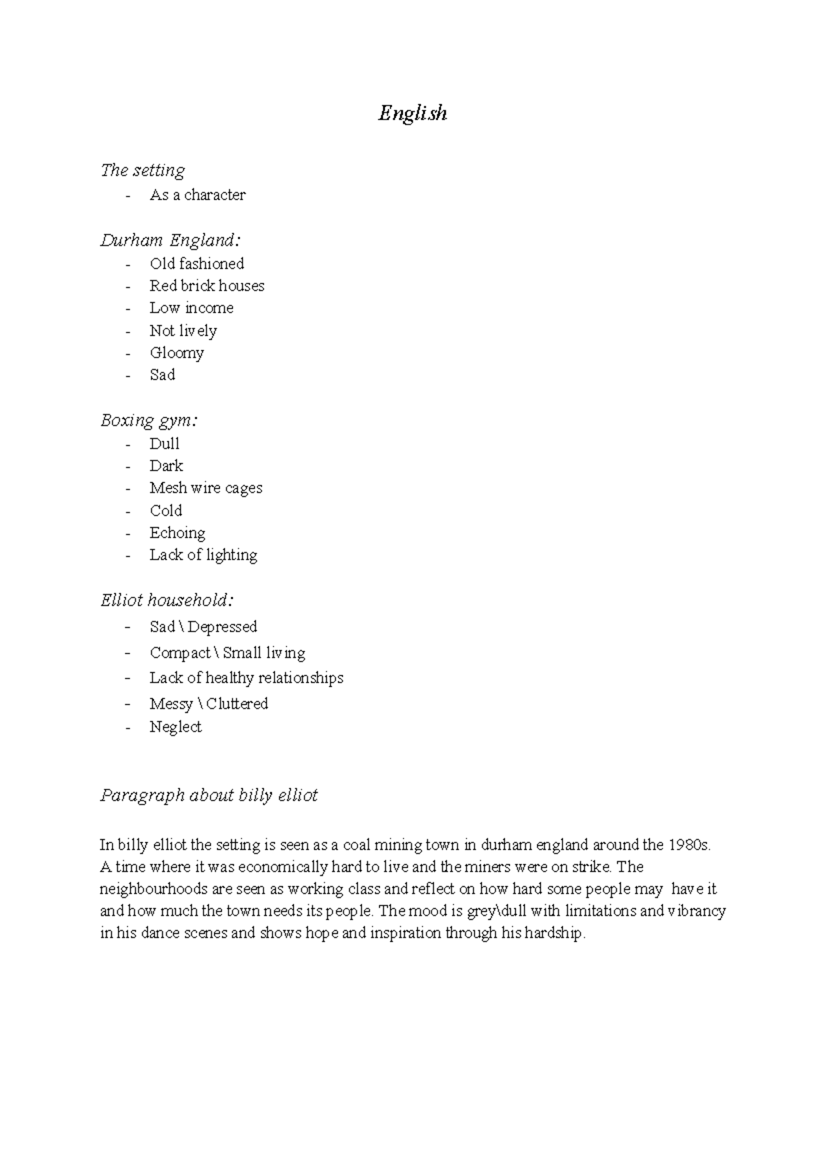 ENG 101: English Notes on Setting in Billy Elliot - Studocu