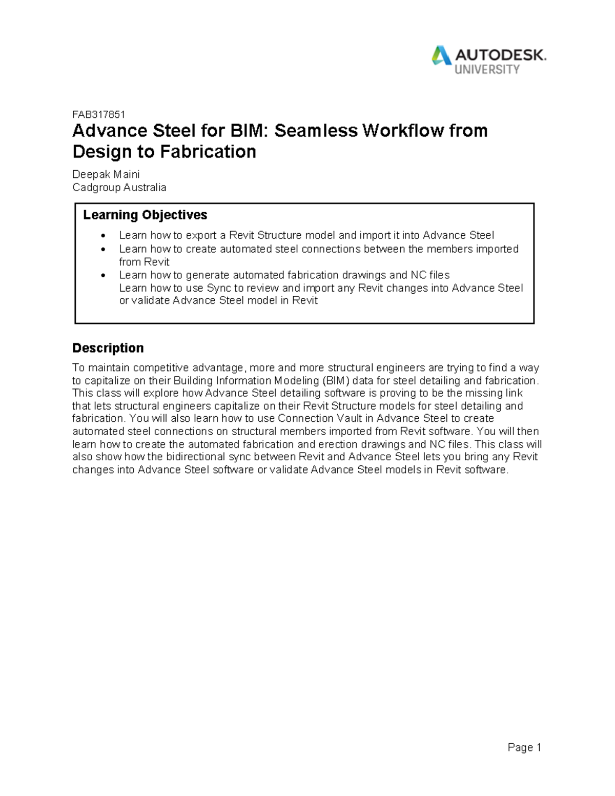 FAB 317851 Advance Steel for BIM: Workflow From Design to Fabrication ...