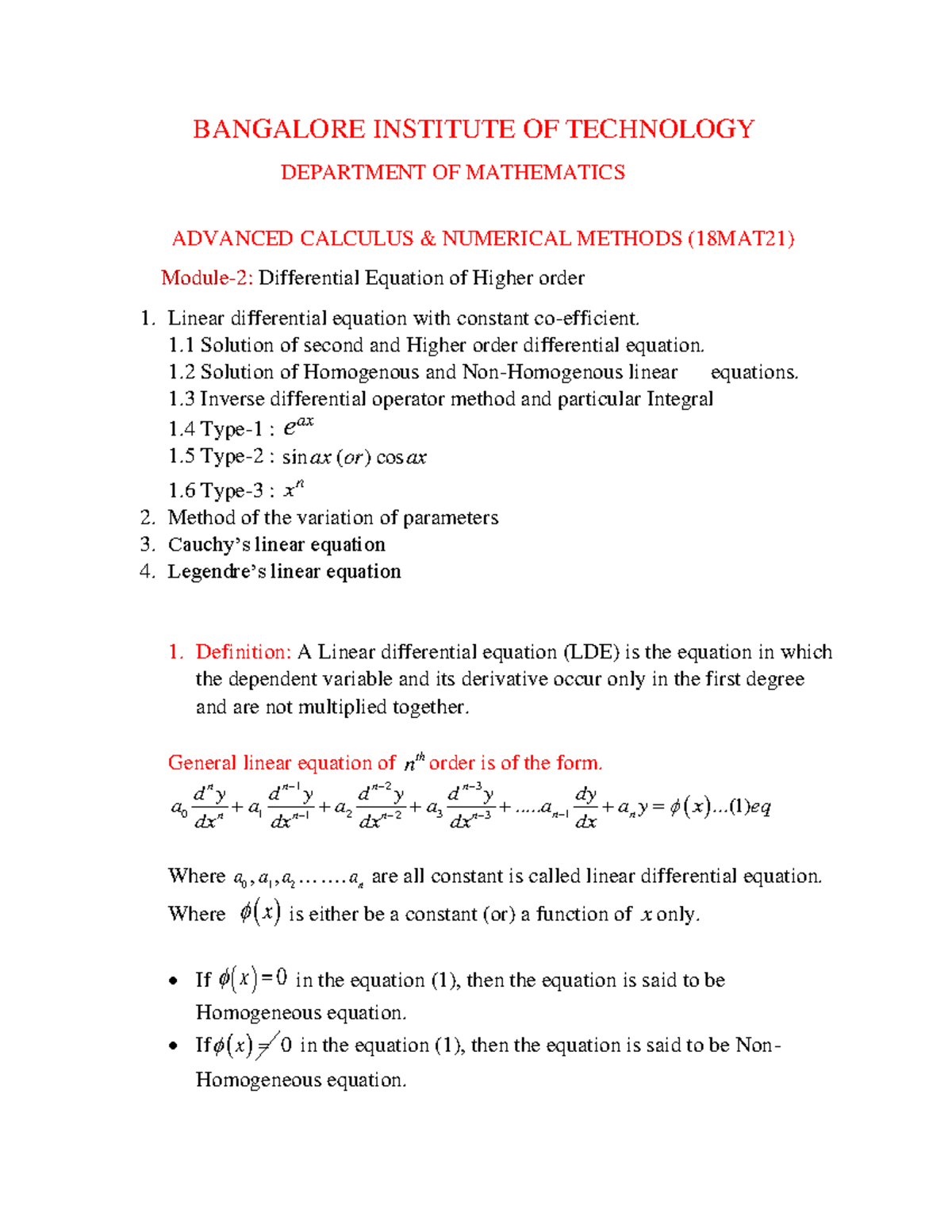 Notes on Higher Order Differential Equations (18MAT21) - Studocu