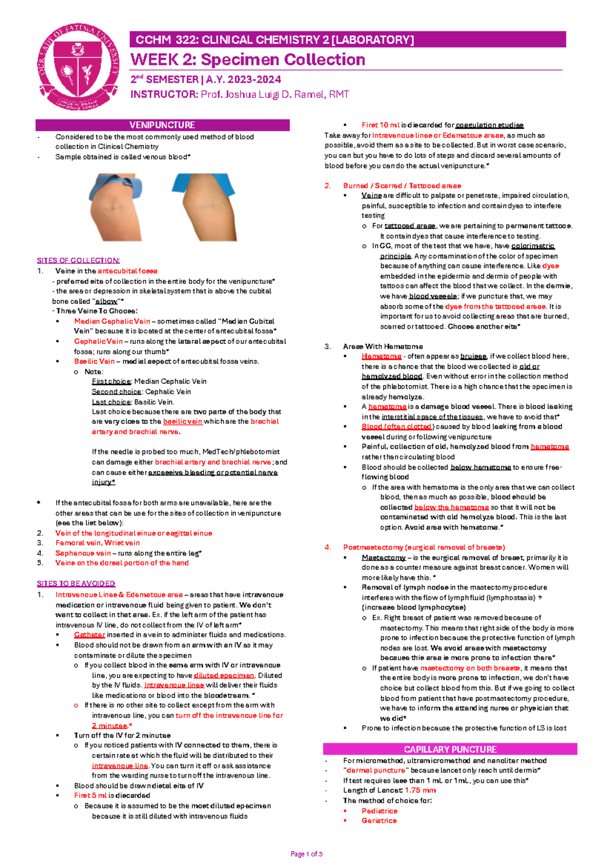 CCHM322 LEC - Specimen Collection in Clinical Chemistry 2 - Studocu