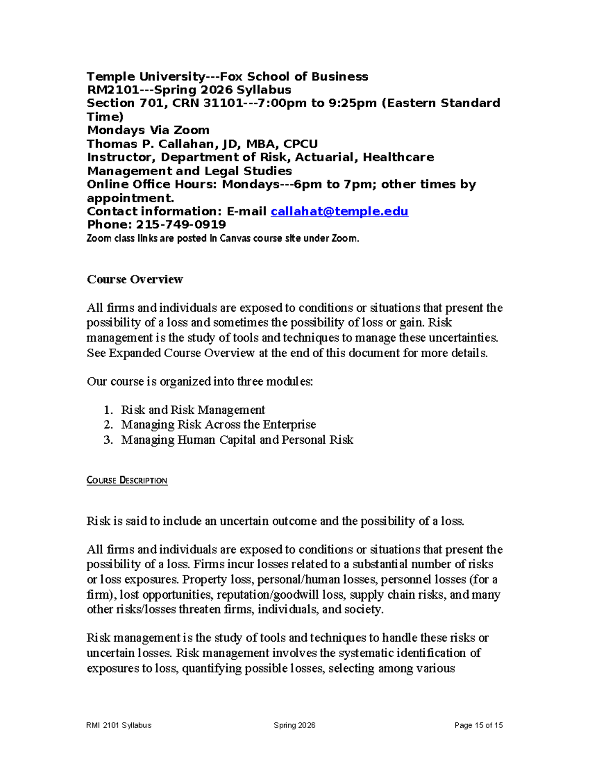 RMI 2101 Syllabus: Risk Management Course Overview Spring 2026 - Studocu