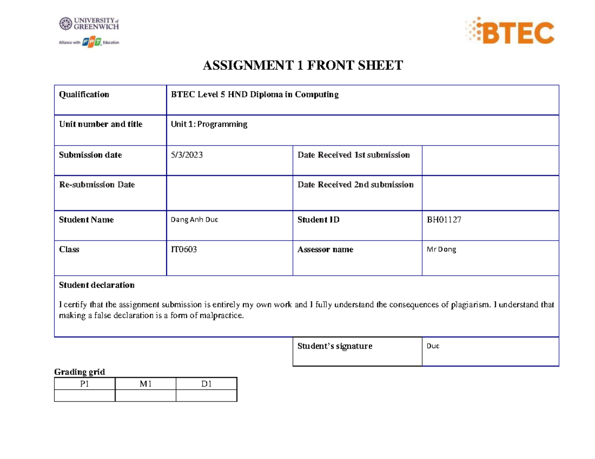 Programming Assignment 1 Dang Anh Duc BH01127 - ASSIGNMENT 1 FRONT ...