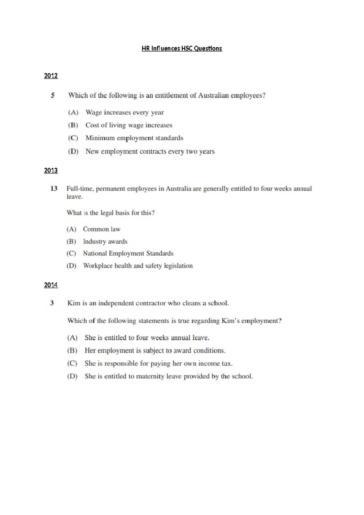 04 HR Influences HSC Questions - HR Influences HSC Questions 2012 2013 ...