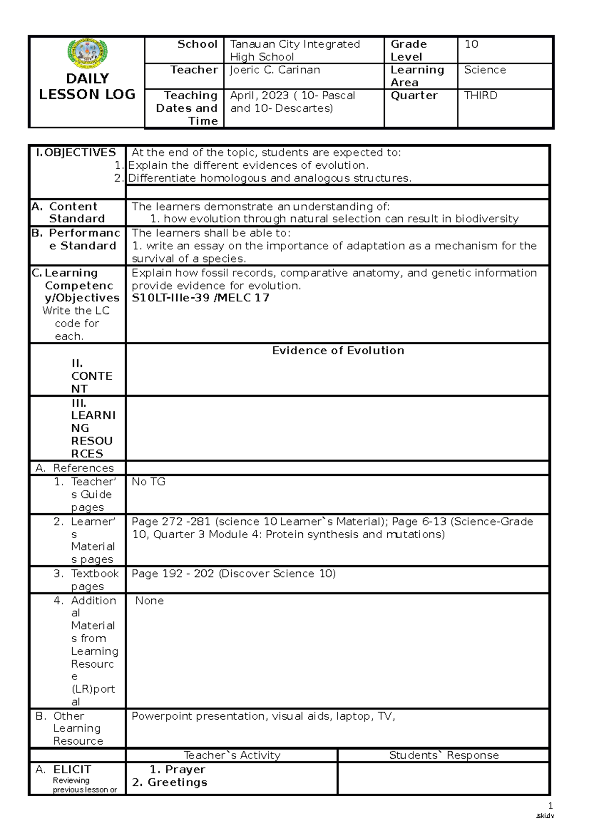 DLP Lesson Log: Evidence of Evolution (Science 10, Quarter 3) - Studocu