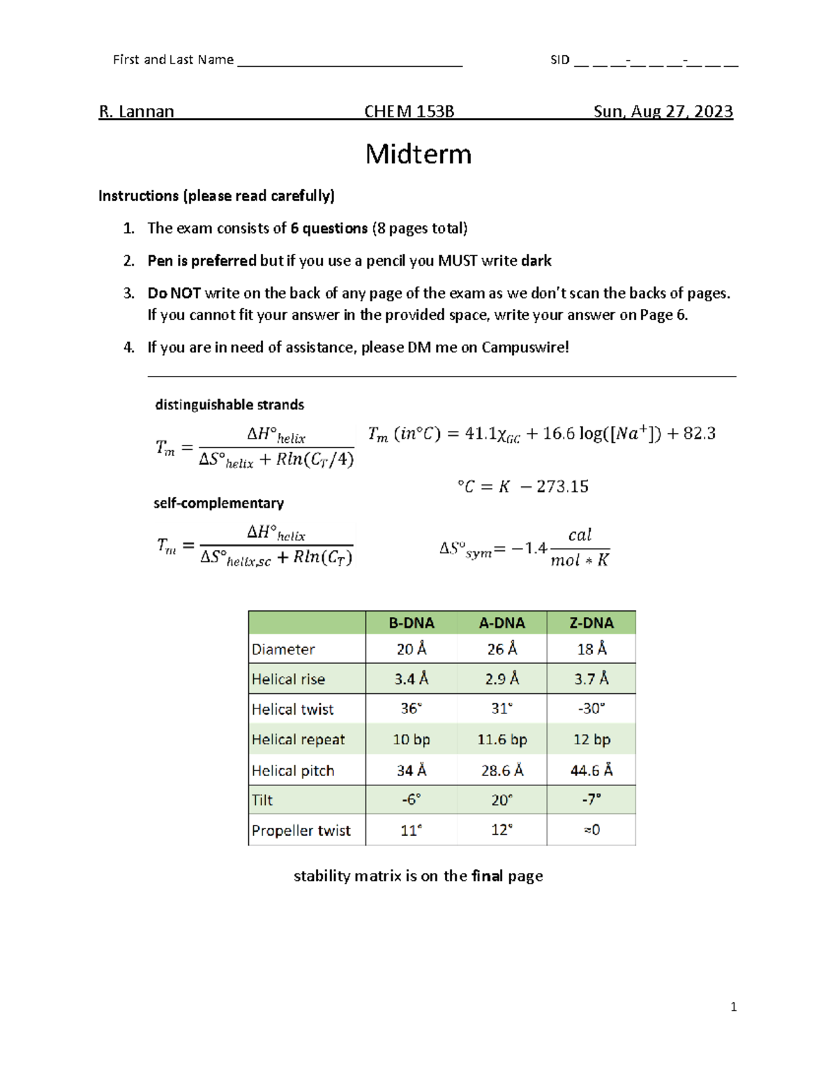 Chem 153B - Midterm Exam Instructions and Practice Questions - Studocu