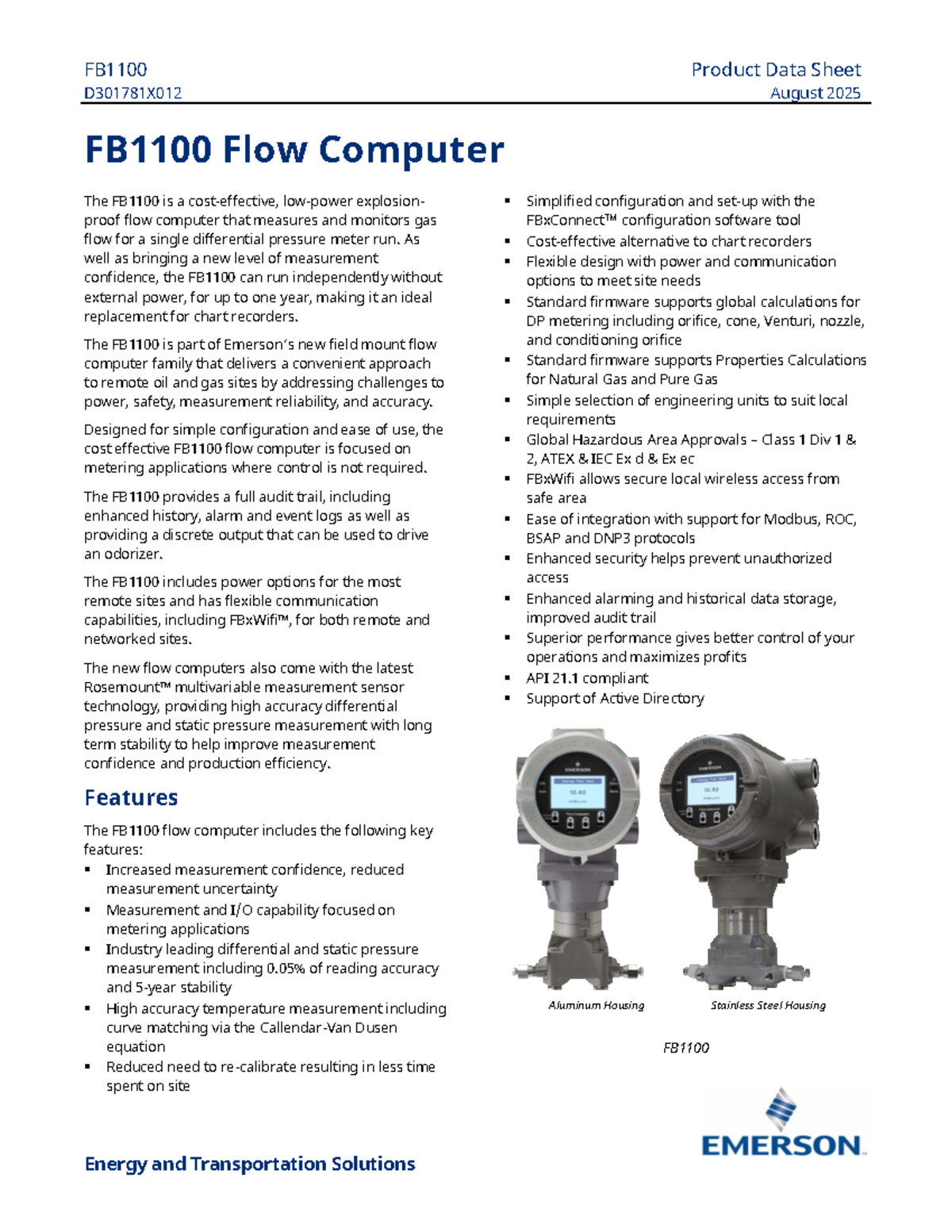 Emerson FB1100 Flow Computer Data Sheet D301781X012 August 2025 - Studocu
