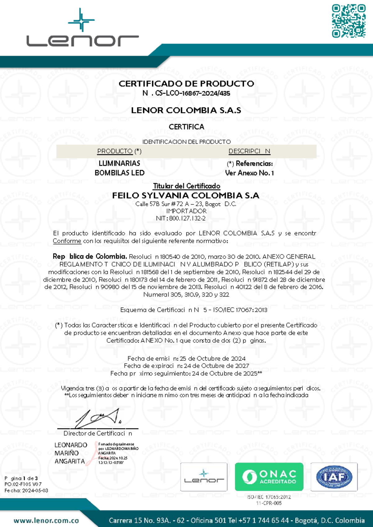 Certificado de Producto LED - LENOR COLOMBIA S.A.S - RETILAP 2027 - Document Preview