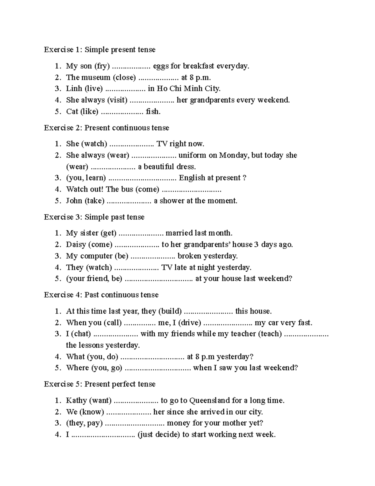 Exercise on Tenses: Simple, Continuous, Past, and Perfect (Buổi 3 ...