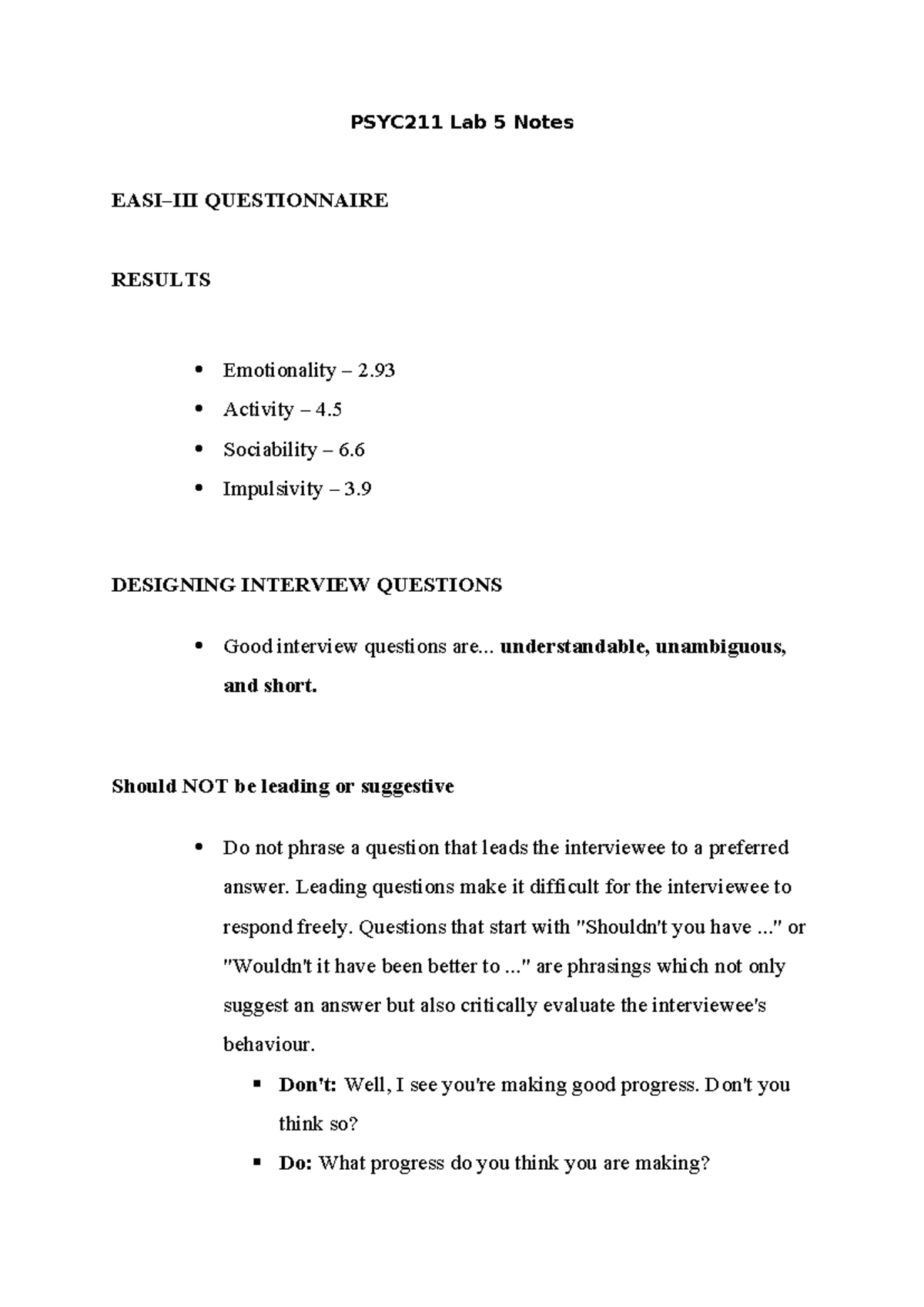 PSYC211 Lab 5: Designing Effective Interview Questions and Emotionality ...